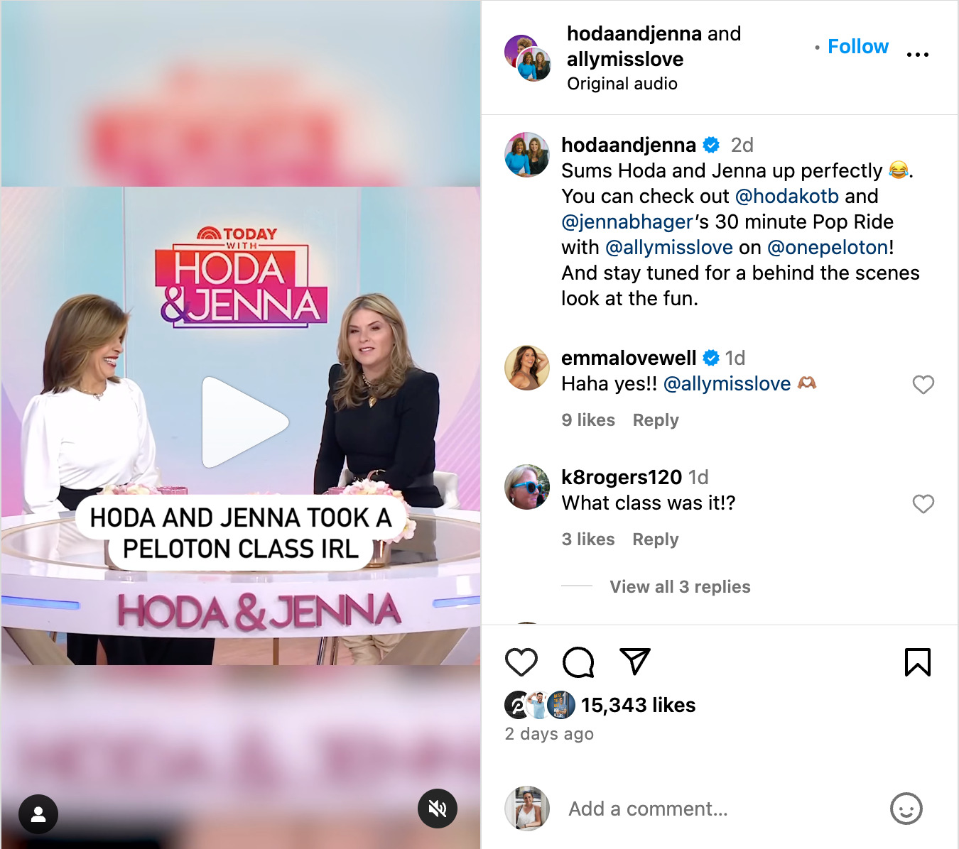 Hoda & Jenna's Instagram post about Peloton class.